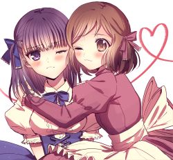Rule 34 | 2girls, ;(, ;), akitchan, bad id, bad pixiv id, blue bow, bow, brown eyes, dress, hair bow, heart, highres, long sleeves, looking at another, medium hair, multiple girls, one eye closed, original, pink bow, puffy long sleeves, puffy short sleeves, puffy sleeves, purple eyes, short sleeves, smile, upper body, white background, yuri