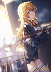 Rule 34 | 1girl, black skirt, blonde hair, blue eyes, blue jacket, bottle, breasts, closed mouth, clothes writing, commentary request, cowboy shot, dutch angle, genyaky, hachimiya meguru, hair ornament, hairclip, highres, holding, holding bottle, idolmaster, idolmaster shiny colors, indoors, jacket, large breasts, leaning forward, long hair, long sleeves, looking at viewer, miniskirt, open clothes, open jacket, shirt, signature, skirt, sleeves past wrists, smile, solo, standing, sunlight, thighhighs, white shirt, white thighhighs
