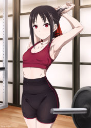 Rule 34 | 1girl, armpits, arms up, barbell, bare shoulders, bike shorts, black hair, black shorts, breasts, cleavage, closed mouth, collarbone, commentary, hair ribbon, high-waist shorts, indoors, inoshira, kaguya-sama wa kokurasetai ~tensai-tachi no renai zunousen~, legs together, looking at viewer, pantylines, parted bangs, red eyes, red ribbon, red sports bra, ribbon, shinomiya kaguya, shorts, small breasts, solo, sports bra, sportswear, standing, stretching, striped clothes, striped shorts, thighs, twitter username, vertical-striped clothes, vertical-striped shorts