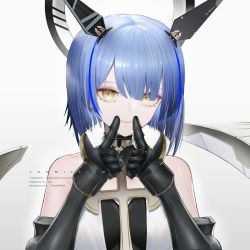 Rule 34 | 1girl, azur lane, blue hair, blunt bangs, commentary request, fingers to mouth, gascogne (azur lane), gauntlets, highres, looking at viewer, short hair, sidelocks, simple background, sleeveless, smile, solo, symbol-shaped pupils, thehprm, white background, yellow eyes