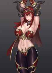 Rule 34 | 1girl, alexstrasza, armlet, armpits, arms up, blush, breasts, cape, headgear, highres, horns, karmiel, large breasts, lip biting, long eyebrows, long hair, looking at viewer, midriff, navel, pantyhose, red hair, red lips, solo, warcraft, world of warcraft, yellow eyes