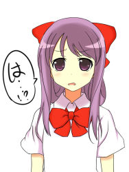 Rule 34 | 1girl, blush, himematsu school uniform, purple eyes, purple hair, ribbon, saki (manga), school uniform, simple background, solo, spoilers, suehara kyouko, zlylouie