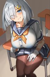Rule 34 | 1girl, blue bra, blue eyes, bra, bra visible through clothes, breasts, classroom, closed mouth, desk, from above, gloves, grey hair, hair over one eye, hamakaze (kancolle), head tilt, highres, kantai collection, large breasts, looking at viewer, medium hair, miniskirt, pantyhose, pleated skirt, sailor collar, school uniform, see-through, simplecar, sitting, skirt, smile, underwear, white gloves