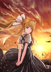 Rule 34 | 1girl, absurdres, air (visual novel), arms behind back, backlighting, black dress, black feathers, blonde hair, blue eyes, bow, closed mouth, commentary, dress, eyelashes, falling feathers, feathers, floating hair, hair between eyes, hair bow, highres, kamio misuzu, light particles, long dress, long hair, looking at viewer, looking back, ocean, orange sky, outdoors, own hands together, ponytail, puffy short sleeves, puffy sleeves, school uniform, shailiar, shirt, short sleeves, sidelocks, sky, smile, solo, sparkle, sun, sunset, white bow, white shirt