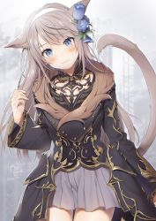 Rule 34 | 1girl, absurdres, animal ears, arm at side, armor, blue eyes, blue flower, blurry, blurry background, blush, cat ears, cat girl, cat tail, closed mouth, collarbone, commentary, cowboy shot, dated, depth of field, faulds, final fantasy, final fantasy xiv, flower, flower request, fur trim, grey skirt, hair flower, hair ornament, hairband, hand up, head tilt, highres, long hair, long sleeves, looking at viewer, miniskirt, miqo&#039;te, signature, silver hair, skirt, slit pupils, smile, solo, swept bangs, tail, very long hair, warrior of light (ff14), white hairband, wide sleeves, yana mori