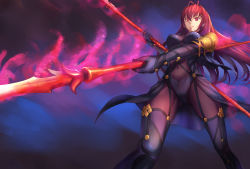 Rule 34 | 1girl, antenna hair, armor, bodysuit, boots, breasts, dual wielding, fate/grand order, fate (series), from below, gae bolg (fate), glowing, glowing weapon, holding, kenbuo, large breasts, long hair, pauldrons, polearm, purple bodysuit, purple hair, red eyes, scathach (fate), see-through, serious, shoulder armor, solo, spear, thigh boots, thighhighs, weapon