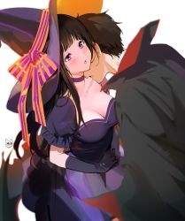 Rule 34 | 1boy, 1girl, alternate costume, artist logo, black cape, black gloves, blush, bow, breasts, brown hair, cape, chitanda eru, choker, cleavage, couple, gloves, halloween costume, hat, hetero, highres, hyouka, imminent kiss, kiss, kissing neck, large breasts, long hair, mery (yangmalgage), open mouth, oreki houtarou, pink bow, purple bow, purple choker, red cape, short hair, simple background, striped, striped bow, witch hat