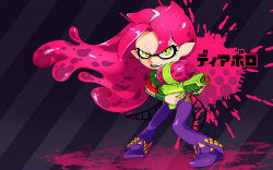 Rule 34 | 1boy, black lips, black nails, character name, clenched teeth, diavolo, finger on trigger, full body, green eyes, hagikou (l6lul6l), inkling, inkling player character, jojo no kimyou na bouken, lipstick, long hair, makeup, male focus, nail polish, nintendo, paint splatter, pink hair, pointy ears, sharp teeth, solo, splatoon (series), splatoon 1, splattershot (splatoon), striped, striped background, super soaker, tattoo, teeth, tentacle hair