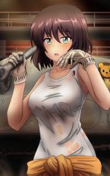 Rule 34 | 1girl, artist name, breasts, brown hair, caterpillar tracks, girls und panzer, gloves, green eyes, highres, hoshino (girls und panzer), large breasts, looking at viewer, medium breasts, military, military vehicle, motor vehicle, open mouth, redbaron, shirt, short hair, solo, sweat, t-shirt, tank, tiger (p), wrench