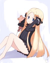 Rule 34 | 1girl, abigail williams (fate), arms up, bad id, bad pixiv id, bare legs, barefoot, black bow, black dress, blonde hair, blue eyes, blush, bow, bug, butterfly, closed mouth, commentary request, dress, fate/grand order, fate (series), forehead, hair bow, hands on headphones, highres, insect, kujou karasuma, leaning back, long hair, long sleeves, looking at viewer, looking to the side, no headwear, orange bow, parted bangs, polka dot, polka dot bow, signature, sitting, sleeves past fingers, sleeves past wrists, smile, solo, stuffed animal, stuffed toy, teddy bear, thighs, very long hair
