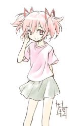 Rule 34 | 1girl, alternate costume, arm behind back, bare legs, casual, child, closed mouth, contrapposto, dot nose, feet out of frame, female focus, flat chest, floating hair, green skirt, hair between eyes, hair ribbon, hand on own cheek, hand on own face, hand up, happy, kaname madoka, legs apart, light smile, looking at viewer, mahou shoujo madoka magica, pale color, pink eyes, pink hair, pink shirt, red ribbon, ribbon, shirt, short sleeves, short twintails, sideways glance, signature, simple background, skirt, solo, taniguchi jun&#039;ichirou, tareme, twintails, white background