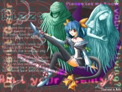 Rule 34 | 1girl, arc system works, asymmetrical wings, bad anatomy, blue hair, boots, bow, choker, dizzy (guilty gear), frilled thighhighs, frills, guilty gear, hair ribbon, high heels, leg lift, long hair, myke, necro (guilty gear), red eyes, ribbon, shoes, sitting, skull, tail, tail bow, tail ornament, tail ribbon, thighhighs, twintails, undine (guilty gear), wings