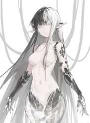 Rule 34 | 1girl, android, black hair, commentary, copyright request, cowboy shot, earrings, grey eyes, highres, jewelry, long hair, multicolored hair, nariku, navel, no nipples, nude, pointy ears, sidelocks, simple background, symbol-only commentary, thigh gap, two-tone hair, very long hair, white background, white hair