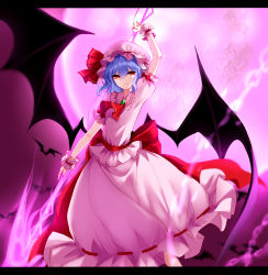 Rule 34 | 1girl, absurdres, arm up, ascot, backlighting, bad id, bad pixiv id, bat (animal), bat wings, blue hair, bow, brooch, closed mouth, full moon, hair between eyes, hat, hat ribbon, highres, jewelry, letterboxed, looking at viewer, mob cap, moon, pink moon, pink shirt, pink skirt, puffy short sleeves, puffy sleeves, red bow, red eyes, red ribbon, remilia scarlet, ribbon, sash, sheya, shirt, short hair, short sleeves, skirt, skirt set, smile, solo, spear the gungnir, touhou, wings, wrist cuffs