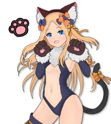 Rule 34 | 1girl, abigail williams (fate), animal ears, animal hands, atsumisu, bad id, bad pixiv id, bare shoulders, bell, black bow, black leotard, blonde hair, blue eyes, blush, bow, breasts, cat ears, cat tail, center opening, commentary request, cosplay, fate/grand order, fate/kaleid liner prisma illya, fate (series), forehead, fur collar, gloves, hair bow, hair ribbon, highres, hip focus, illyasviel von einzbern, illyasviel von einzbern (cosplay), jingle bell, leotard, long hair, looking at viewer, navel, official alternate costume, open mouth, orange bow, orange ribbon, parted bangs, paw gloves, polka dot, polka dot bow, ribbon, simple background, small breasts, smile, solo, tail, thighhighs, thighs, two side up, white background