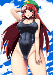 Rule 34 | 1girl, blue eyes, bow, braid, breasts, cleavage, cloud, competition swimsuit, covered navel, day, female focus, hair bow, hat, highleg, highleg swimsuit, hong meiling, ishimiso (ishimura), large breasts, long hair, one-piece swimsuit, red hair, school swimsuit, sky, solo, star (symbol), swimsuit, touhou, twin braids