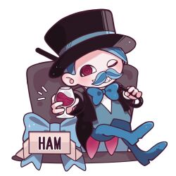 Rule 34 | 1boy, @ @, baron ham (fake type), black jacket, blue bow, blue bowtie, blue footwear, blue hair, blue pants, blue shirt, bow, bowtie, cane, chair, character name, chibi, cup, drinking glass, facial hair, fake type, hat, highres, holding, holding cane, holding cup, jacket, looking at viewer, male focus, mustache, one eye closed, open clothes, open jacket, pants, red eyes, sharp teeth, shirt, simple background, sitting, smile, solo, teateanoin, teeth, toasting (gesture), top hat, white background, wine glass