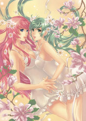 Rule 34 | 2girls, aqua eyes, aqua hair, bad id, bad pixiv id, bare arms, bare legs, bare shoulders, blue eyes, breasts, cleavage, cleavage cutout, clothing cutout, couple, daisy, dress, female focus, floating hair, flower, hair flower, hair ornament, hatsune miku, holding hands, interlocked fingers, large breasts, legs, lips, lipstick, lolamamy, long hair, looking at viewer, makeup, megurine luka, multiple girls, neck, parted lips, pink hair, smile, very long hair, vocaloid, white dress, yuri