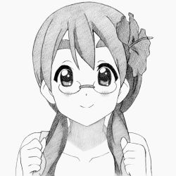 Rule 34 | 1girl, bad id, bad pixiv id, bespectacled, blush, eyebrows, flower, glasses, greyscale, hair ornament, highres, k-on!, kotobuki tsumugi, miamai, monochrome, ryuuryou, short twintails, sketch, smile, solo, traditional media, twintails