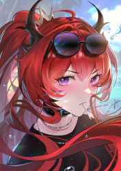 Rule 34 | 1girl, absurdres, arknights, artist name, black choker, black shirt, breasts, chinese commentary, choker, commentary request, crop top, cross, cross necklace, crown, eyewear on head, hair between eyes, highres, horns, jewelry, joannne, long hair, looking at viewer, mini crown, necklace, official alternate costume, purple eyes, red hair, shirt, solo, sunglasses, surtr (arknights), surtr (liberte echec) (arknights), upper body, water drop