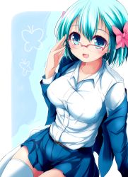 Rule 34 | 1girl, :d, adjusting eyewear, aqua hair, belt, blazer, blue eyes, blue jacket, blue skirt, blush, bob cut, border, bow, breasts, brown belt, collarbone, collared shirt, commentary request, copyright request, dress shirt, drop shadow, hair between eyes, hair bow, highres, jacket, long sleeves, looking at viewer, medium breasts, miniskirt, nanaume (shichimi tougarashi), no shoes, open clothes, open jacket, open mouth, outside border, over-rim eyewear, pink bow, pleated skirt, raised eyebrows, red-framed eyewear, rounded corners, semi-rimless eyewear, shirt, shirt tucked in, short hair, sitting, skirt, smile, solo, thighhighs, white border, white shirt, white thighhighs, wing collar