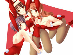 Rule 34 | 00s, 3girls, :3, alternate costume, animal ears, asahina mikuru, asahina mikuru (cosplay), bare arms, bare back, bare shoulders, bow, bowtie, breasts, brown eyes, brown hair, brown pantyhose, cleavage, closed mouth, cosplay, detached collar, eyebrows hidden by hair, eyes visible through hair, fake animal ears, hair between eyes, half-closed eyes, hand on another&#039;s stomach, hands on own chest, high heels, kneeling, large breasts, leotard, long hair, looking at another, looking at viewer, medium breasts, multiple girls, nagato yuki, neck, open mouth, orange eyes, pantyhose, playboy bunny, purple hair, rabbit ears, rabbit tail, red bow, red bowtie, red footwear, red leotard, short hair, sidelocks, small breasts, straight hair, strapless, strapless leotard, suzumiya haruhi, suzumiya haruhi no yuuutsu, touno yuika, yuri