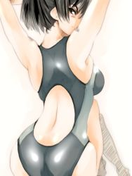 Rule 34 | 1girl, amagami, arms up, ass, back, bad id, bad pixiv id, black eyes, black hair, competition swimsuit, from behind, looking back, mike156, one-piece swimsuit, ponytail, seductive smile, short hair, skindentation, smile, solo, swimsuit, tsukahara hibiki