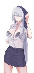 Rule 34 | 1girl, absurdres, ak-15 (girls&#039; frontline), black bra, bra, bra visible through clothes, breasts, cleavage, collarbone, cowboy shot, girls&#039; frontline, grey hair, hair over one eye, hand up, highres, holding, holding towel, large breasts, long hair, parted lips, purple eyes, purple skirt, see-through, see-through shirt, shirt, shirt tucked in, short sleeves, simple background, skirt, solo, steaming body, sweat, towel, towel on head, underwear, very long hair, white background, white shirt, yotsuyama (yomo8ama)
