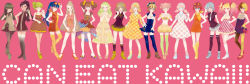 Rule 34 | 6+girls, angel french, blonde hair, blue hair, blunt bangs, bob cut, boots, brown eyes, brown hair, choco fashion, chocolat french, chocolat french angel chocolat, chocolat french caster chocolat, chocolat french nama-caramel, coconuts chocolate, d-pop, doughnut, dress, everyone, eyewear on head, food, french cruller, full body, gloves, golden chocolate, gradient hair, green hair, hairband, high heels, highres, holding hands, honey churro, honey dip, jojon, lineup, long hair, looking at viewer, midriff, mister donut, multicolored hair, multiple girls, navel, old-fashioned doughnut, old fashion (doughnut), pantyhose, personification, pink background, polka dot, polka dot legwear, pon de kokutou, pon de ring, ponytail, red eyes, red hair, short hair, skirt, sleeveless, standing, strawberry whip french, striped clothes, striped legwear, striped pantyhose, sugar glazed, sunglasses, thigh boots, thighhighs, twintails, very long hair, yellow eyes