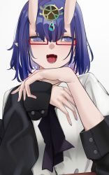 Rule 34 | 1girl, absurdres, black jacket, blouse, bob cut, breasts, eyeliner, fate/grand order, fate (series), glasses, headpiece, highres, horns, jacket, long sleeves, looking at viewer, makeup, off shoulder, oni, open mouth, purple eyes, purple hair, san (harutuki 3), shirt, short hair, shuten douji (fate), skin-covered horns, small breasts, smile, solo, white shirt