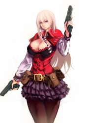 Rule 34 | 1girl, belt, blonde hair, blue eyes, breasts, cleavage, cleavage cutout, clothing cutout, dual wielding, finger on trigger, frilled skirt, frills, gun, highres, holding, holding gun, holding weapon, jittsu, large breasts, long hair, original, pantyhose, simple background, skirt, smile, solo, trigger discipline, very long hair, weapon, white background