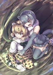 Rule 34 | &gt; &lt;, 2girls, :d, animal ears, animal print, arm around neck, bare shoulders, black hair, blonde hair, bow, bowtie, cape, carrying, cellien (kemono friends), chin rest, closed eyes, closed mouth, detached collar, elbow gloves, extra ears, fingerless gloves, folded, from above, fur collar, gloves, grey gloves, grey hair, grey legwear, hair between eyes, hand on another&#039;s thigh, head on head, head rest, highres, hood, hood down, hooded cape, jaguar (kemono friends), jaguar ears, jaguar print, jaguar tail, kemono friends, medium hair, motion lines, multicolored hair, multiple girls, okyao, one-piece swimsuit, open mouth, otter ears, otter tail, outstretched arm, outstretched leg, pointing, print gloves, print legwear, print skirt, serious, shoes, sidelocks, skirt, small-clawed otter (kemono friends), smile, squatting, swimsuit, tail, tentacles, thighhighs, toeless legwear, toes, two-tone hair, white hair, xd, yellow eyes, zettai ryouiki