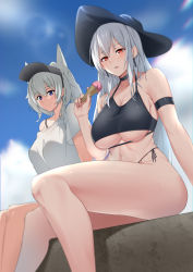Rule 34 | 2girls, animal ears, arknights, arm strap, bare legs, bare shoulders, bikini, black bikini, black headwear, black ribbon, blue sky, blush, breasts, chinese commentary, closed mouth, cloud, collarbone, commentary request, day, earrings, feet out of frame, food, grani (arknights), high ponytail, highres, holding, holding food, horse ears, ice cream cone, jewelry, large breasts, lens flare, long hair, md5 mismatch, multiple girls, navel, off shoulder, open mouth, outdoors, ponytail, purple eyes, red eyes, resolution mismatch, ribbon, side-tie bikini bottom, silver hair, single bare shoulder, skadi (arknights), sky, smile, source smaller, sunlight, swimsuit, thighs, underboob, very long hair, visor cap, xllam