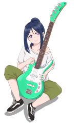 Rule 34 | 1girl, absurdres, artist name, artist request, bare legs, black footwear, blue hair, blush, breasts, collarbone, female focus, full body, green pants, guitar, hair between eyes, highres, holding, holding instrument, instrument, long hair, looking at viewer, love live!, love live! sunshine!!, manaita utd, matsuura kanan, medium breasts, nail, nail polish, orange nails, pants, parted lips, ponytail, purple eyes, shirt, shoes, smile, solo, white background, white shirt