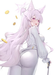 Rule 34 | 1girl, akira (blue archive), animal ear fluff, animal ears, ass, blue archive, blush, breasts, cane, cat ears, coin, cowboy shot, from behind, gloves, halo, highres, holding, holding cane, large breasts, lcy bingzi, long hair, long sleeves, looking at viewer, looking back, open mouth, pants, red eyes, shirt, simple background, smile, solo, standing, weapon, white background, white gloves, white hair, white pants, white shirt