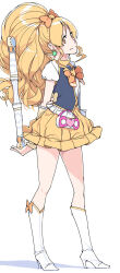 Rule 34 | 1girl, akinbo (hyouka fuyou), arms behind back, blonde hair, boots, bow, closed mouth, cure honey, earrings, full body, grey vest, hair bow, happinesscharge precure!, high heel boots, high heels, highres, jewelry, knee boots, long hair, miniskirt, orange bow, pleated skirt, precure, short sleeves, simple background, sketch, skirt, smile, solo, standing, very long hair, vest, white background, white footwear, white sleeves, yellow eyes, yellow skirt
