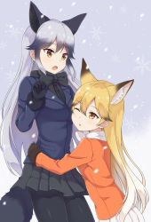 Rule 34 | 2girls, :o, ;o, animal ears, black gloves, black neckwear, black shirt, black skirt, blazer, blonde hair, blue jacket, bow, bowtie, breasts, brown eyes, commentary, darknessukaru, ezo red fox (kemono friends), fox ears, fox tail, fur-trimmed sleeves, fur trim, gloves, gradient hair, grey hair, highres, jacket, kemono friends, kneeling, looking at another, miniskirt, multicolored hair, multiple girls, necktie, one eye closed, open mouth, orange jacket, outdoors, pantyhose, parted lips, pleated skirt, shirt, silver fox (kemono friends), skirt, snow, snowflakes, standing, tail, white neckwear, white skirt, yellow eyes