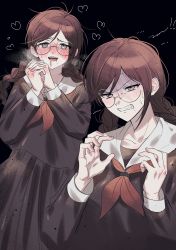 Rule 34 | 1girl, absurdres, anger vein, angry, black background, black shirt, black skirt, blush, braid, brown hair, clenched teeth, collarbone, commentary request, danganronpa: trigger happy havoc, danganronpa (series), fang, fukawa toko, glasses, hands up, heart, heart in eye, highres, kkultteog, long hair, long sleeves, looking at viewer, messy hair, multiple views, neckerchief, open mouth, own hands together, pink eyes, round eyewear, sailor collar, saliva, school uniform, serafuku, shaded face, shirt, simple background, skirt, smile, symbol in eye, teeth, twin braids, upper body