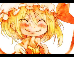 Rule 34 | 1girl, bad id, bad pixiv id, blonde hair, closed eyes, face, female focus, flandre scarlet, hat, letterboxed, side ponytail, smile, solo, tears, tokomichi, touhou, wide face