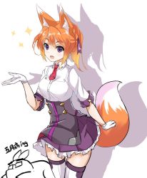 Rule 34 | 1girl, :d, animal ears, arm at side, artist self-insert, blush, breasts, buttons, collared shirt, dress, dress shirt, fatkewell, fox ears, fox tail, frilled skirt, frills, glasses, gloves, gradient hair, high-waist skirt, leaning forward, looking at viewer, medium breasts, multicolored hair, necktie, open mouth, orange hair, panties, ponytail, purple eyes, purple skirt, red necktie, rika eastre, shadow, shirt, short necktie, short sleeves, simple background, sketch, skirt, sleeve cuffs, smile, sparkle, standing, tail, tareme, thighhighs, underwear, white background, white gloves, white panties, white thighhighs, wing collar, zettai ryouiki