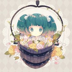 Rule 34 | 1girl, argyle, argyle background, argyle clothes, bucket, flower, green eyes, green hair, hair bobbles, hair ornament, highres, in bucket, in container, japanese clothes, kimono, kisume, long sleeves, nikorashi-ka, one-hour drawing challenge, petals, rose, short hair, solo, touhou, twintails, white flower, white kimono, white rose, wide sleeves, yellow flower, yellow rose