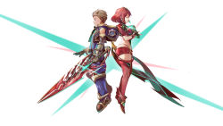 Rule 34 | 1boy, 1girl, bardosui, black hair, bodysuit, breasts, brown hair, crotchless, crotchless pants, fingerless gloves, gloves, hair ornament, highres, nintendo, pyra (xenoblade), red eyes, red hair, rex (xenoblade), short hair, simple background, smile, sword, weapon, xenoblade chronicles (series), xenoblade chronicles 2, xenoblade chronicles (series), xenoblade chronicles 2