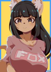 Rule 34 | 1girl, animal ear fluff, animal ears, animal nose, artist name, black hair, blunt bangs, body fur, breasts, closed mouth, clothes writing, english text, fox ears, fox girl, fox tail, furry, furry female, highres, komena (ryuusui arumo), large breasts, long hair, looking at viewer, original, ryuusui arumo, shirt, smile, solo, t-shirt, tail, thick eyebrows