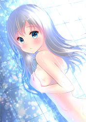 Rule 34 | 1girl, blue eyes, blush, breasts, covering privates, covering breasts, day, dutch angle, glint, hlint, kantai collection, lens flare, long hair, looking at viewer, looking to the side, md5 mismatch, nude, parted lips, resolution mismatch, silver hair, small breasts, solo, source smaller, sunlight, tareme, tile wall, tiles, u-511 (kancolle), upper body, water drop, wet, yuzukaze rio