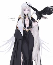 Rule 34 | 1girl, absurdres, azur lane, bird, bird on hand, black dress, black gloves, breasts, character name, closed mouth, dress, eagle, enterprise (azur lane), enterprise (heroic finery) (azur lane), feet out of frame, fingerless gloves, gloves, highres, long hair, looking at viewer, medium breasts, official alternate costume, purple eyes, rae (632230212), silver hair, solo, standing, white background