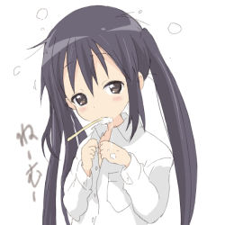 Rule 34 | 1girl, bad id, bad pixiv id, black hair, brown eyes, core (mayomayo), dress shirt, female focus, foam, k-on!, long hair, messy hair, mouth hold, nakano azusa, shirt, solo, toothbrush, twintails, white background