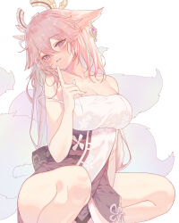 Rule 34 | 1girl, animal ears, bare shoulders, blush, breasts, cherry blossom print, cleavage, collarbone, commentary, earrings, fingernails, floppy ears, floral print, fox ears, fox girl, fox tail, gem, genshin impact, gold earrings, grin, hair between eyes, hair ornament, halo, highres, japanese clothes, jewelry, kimono, knees, large breasts, legs, long hair, looking at viewer, multiple tails, nail polish, nose, obijime, pink hair, pink nails, print kimono, purple eyes, purple gemstone, red sash, sash, simple background, smile, solo, squatting, strap slip, tail, teeth, thighs, torano, vision (genshin impact), white background, white kimono, yae miko