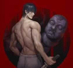 Rule 34 | 1boy, back, black hair, colored skin, fushiguro touji, grey pants, hair between eyes, highres, holding, holding sword, holding weapon, jujutsu kaisen, looking back, male focus, monster, pants, plyu, purple skin, red background, scar, scar on face, scar on mouth, sword, teeth, topless male, weapon