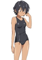Rule 34 | 1girl, black hair, black one-piece swimsuit, breasts, check copyright, commentary request, copyright request, expressionless, freckles, kondoo, looking down, one-piece swimsuit, original, short hair, simple background, small breasts, solo, swimsuit, tan, tanline, white background