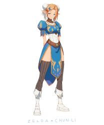 Rule 34 | 1girl, absurdres, adapted costume, arms behind back, blonde hair, boots, bun cover, capcom, character name, chun-li, chun-li (cosplay), cosplay, double bun, dovi, full body, hair bun, highres, legs, nintendo, pelvic curtain, pointy ears, princess zelda, simple background, smile, solo, street fighter, striped clothes, striped thighhighs, the legend of zelda, thighhighs, vertical-striped clothes, vertical-striped thighhighs, white background, white footwear
